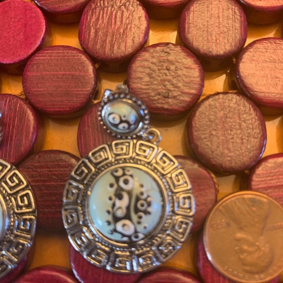 Hand painted Grecian symbol turquoise earrings - Picture 3 of 4